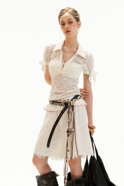 White Lace Bow Puff Sleeve Layered Polo Top