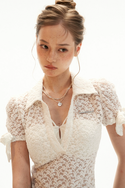 White Lace Bow Puff Sleeve Layered Polo Top
