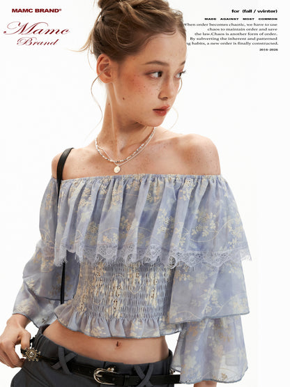Lavender Floral Off-Shoulder Ruffle Crop Top