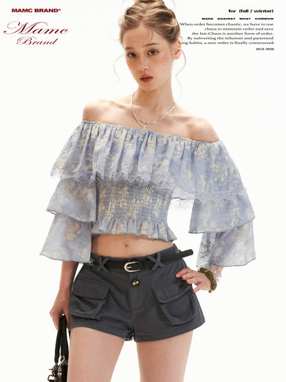 Lavender Floral Off-Shoulder Ruffle Crop Top