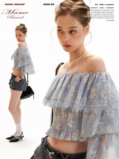 Lavender Floral Off-Shoulder Ruffle Crop Top