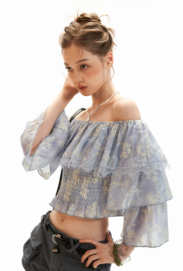 Lavender Floral Off-Shoulder Ruffle Crop Top