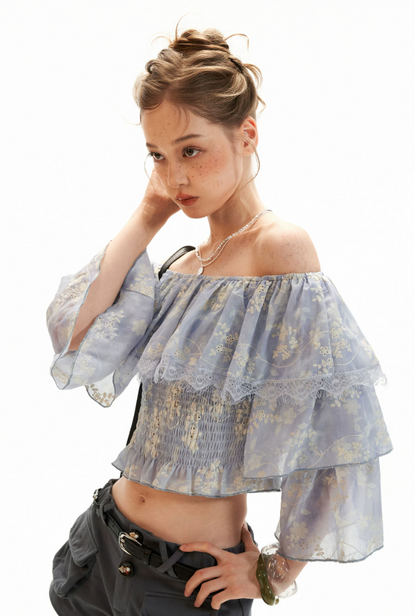 Lavender Floral Off-Shoulder Ruffle Crop Top
