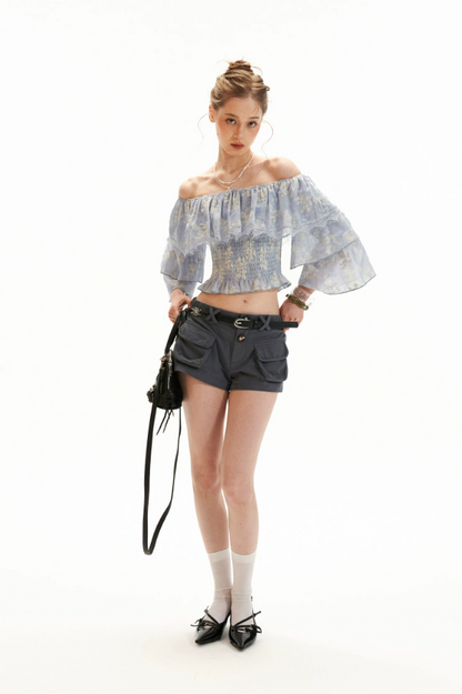Lavender Floral Off-Shoulder Ruffle Crop Top