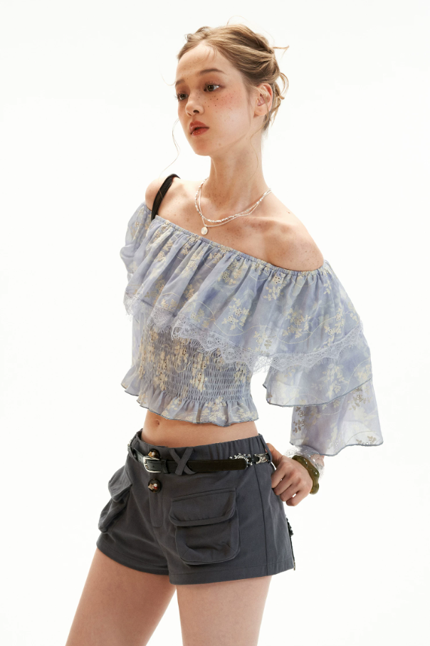 Lavender Floral Off-Shoulder Ruffle Crop Top