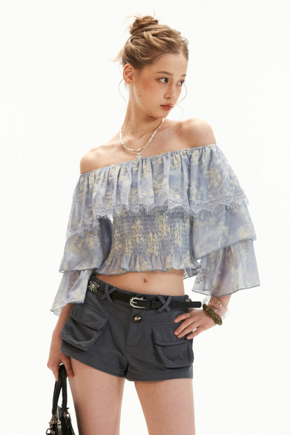 Lavender Floral Off-Shoulder Ruffle Crop Top