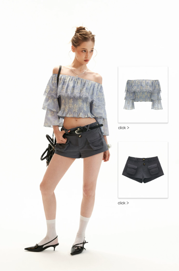 Lavender Floral Off-Shoulder Ruffle Crop Top
