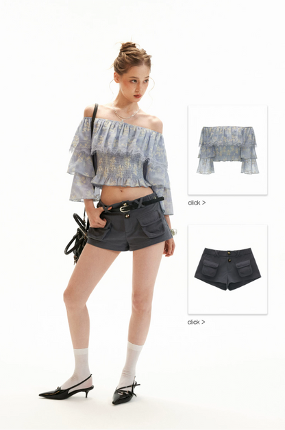 Lavender Floral Off-Shoulder Ruffle Crop Top