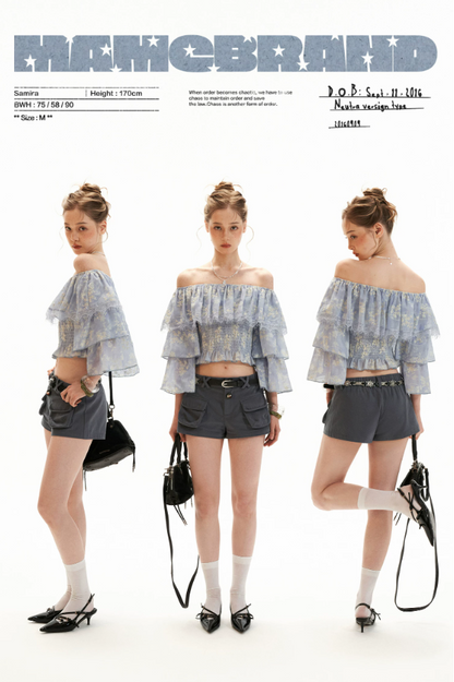 Lavender Floral Off-Shoulder Ruffle Crop Top