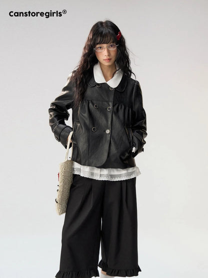 [CAN] "Midnight Sweetheart" Black Bow Pocket Doll Collar Faux Leather Jacket