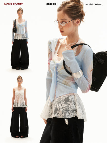 Lily Print Tie-Front Cardigan & Lace Halter Cami Set