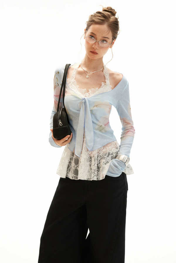Lily Print Tie-Front Cardigan & Lace Halter Cami Set