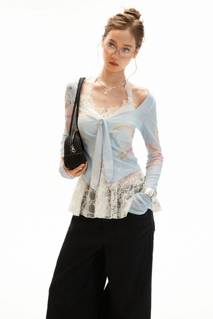 Lily Print Tie-Front Cardigan & Lace Halter Cami Set