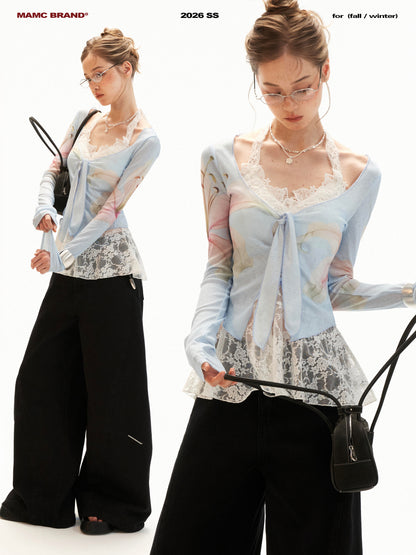 Lily Print Tie-Front Cardigan & Lace Halter Cami Set