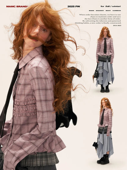 MAMC - Pink Ruffle Hem Plaid Striped Shirt