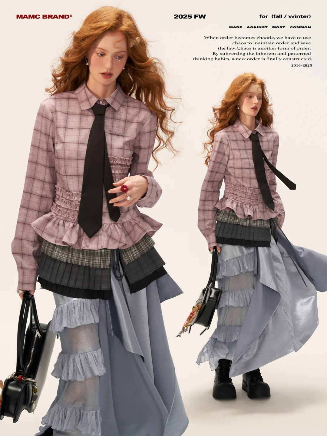 MAMC - Pink Ruffle Hem Plaid Striped Shirt