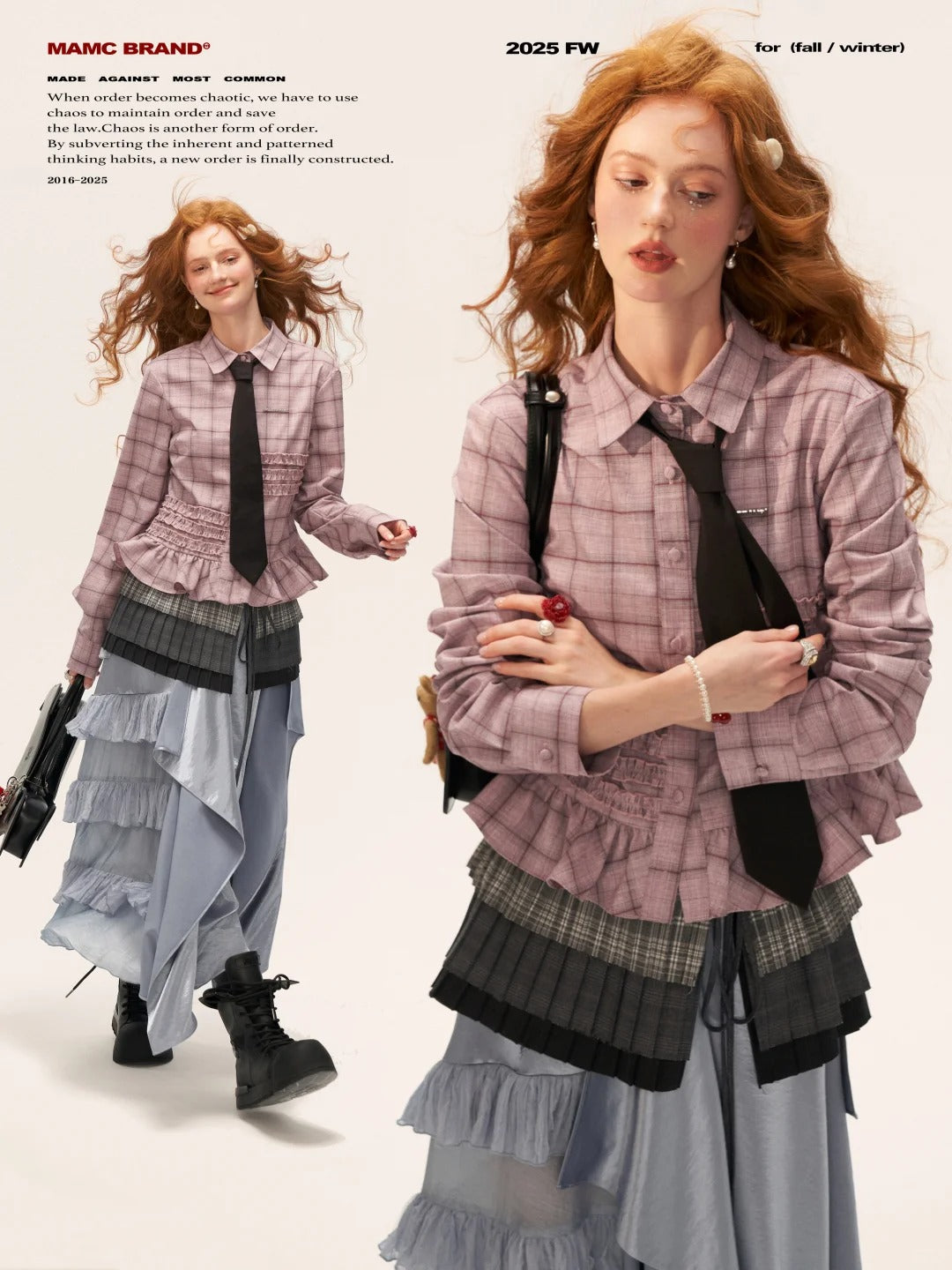 MAMC - Pink Ruffle Hem Plaid Striped Shirt