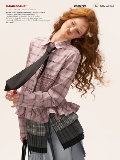 MAMC - Pink Ruffle Hem Plaid Striped Shirt