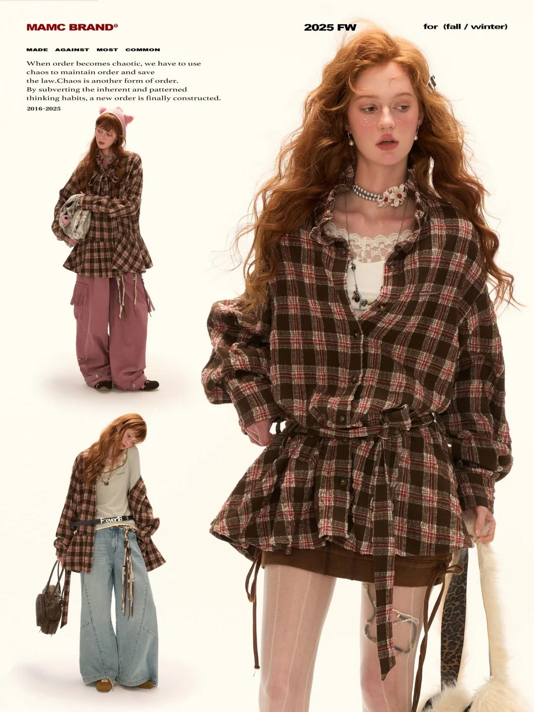 MAMC - Brown Bow Plaid Shirt Dress