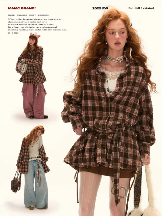 MAMC - Brown Bow Plaid Shirt Dress