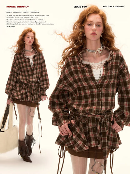MAMC - Brown Bow Plaid Shirt Dress