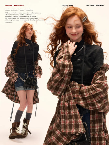MAMC - Brown Bow Plaid Shirt Dress