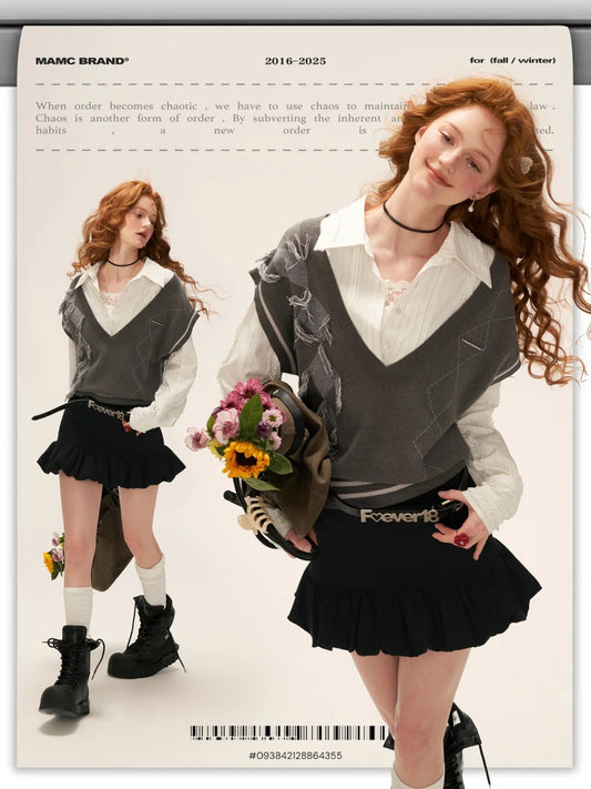 MAMC - V-Neck Preppy Gray Knit Vest WE807