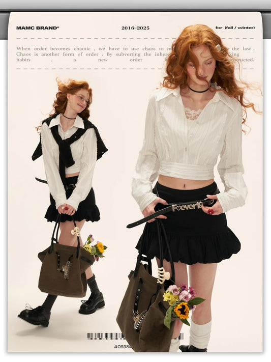 MAMC - Layered Striped Waist-Cinched White Shirt WE727