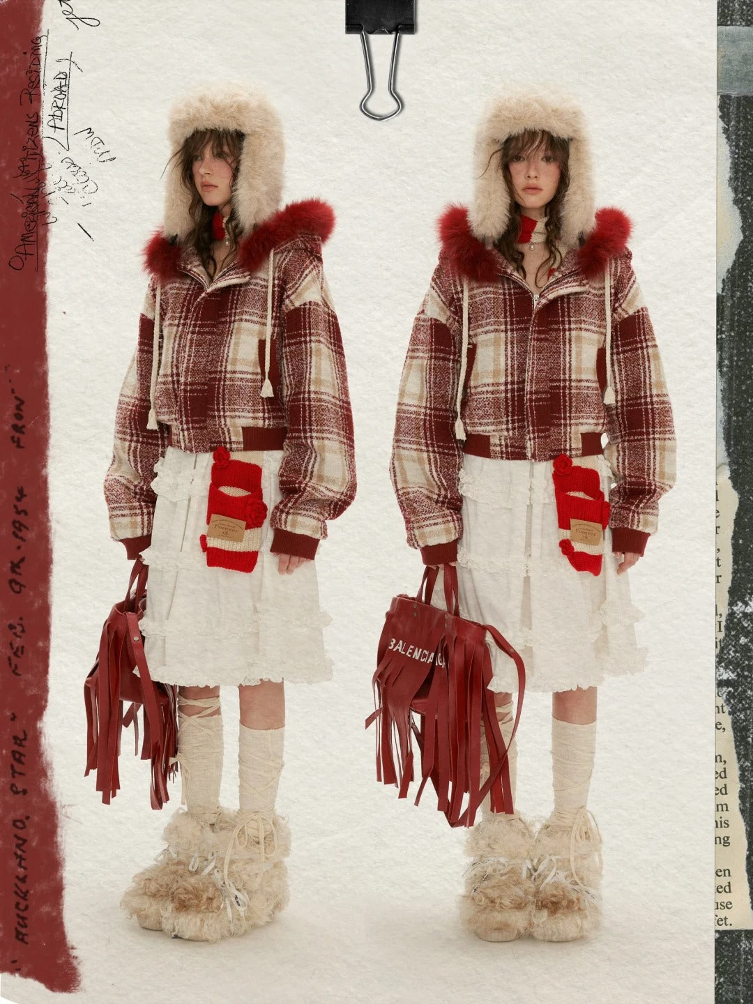 MAMC - Woven Plaid Contrast-Fur Hooded Jacket