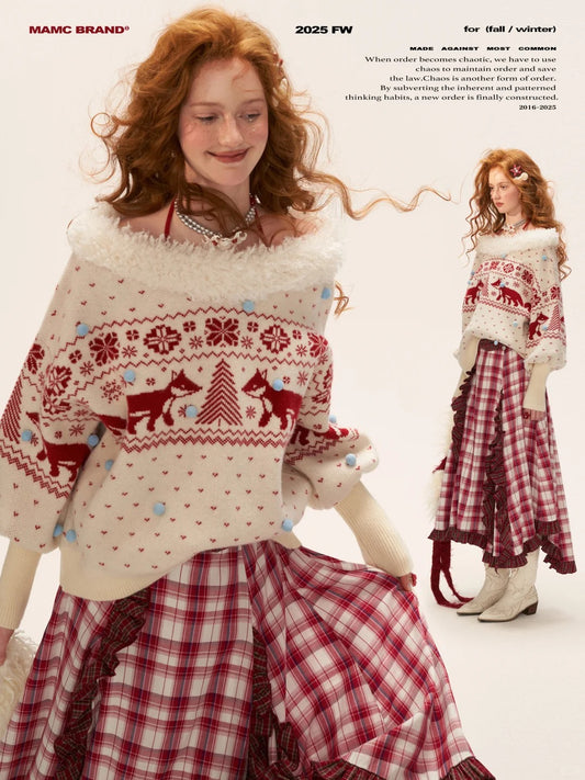 MAMC - Fox Fair Isle Deep V-Neck Oversized Sweater WE780 (Cream)