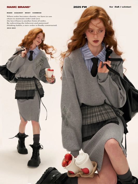 MAMC - Plaid Patchwork Knit Dress with Pleated Layered Apron Skirt WE812