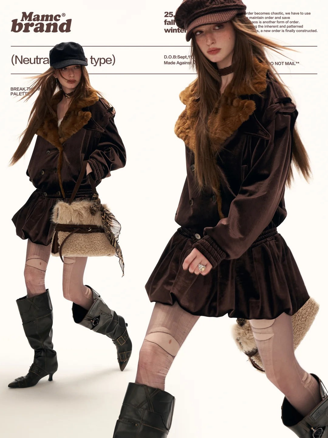 MAMC - Brown Bubble-Hem Faux Fur Panel Dress WE886