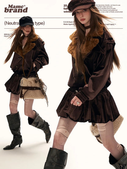 MAMC - Brown Bubble-Hem Faux Fur Panel Dress WE886