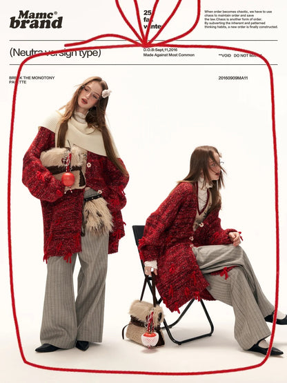 MAMC - Mid-Length Red Bow & Floral Knit Cardigan WE900