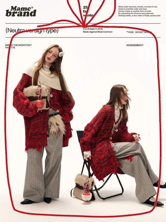 MAMC - Mid-Length Red Bow & Floral Knit Cardigan WE900