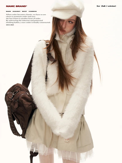 MAMC - White Wing-Detail Turtleneck Zip-Up Knit Sweater WE914