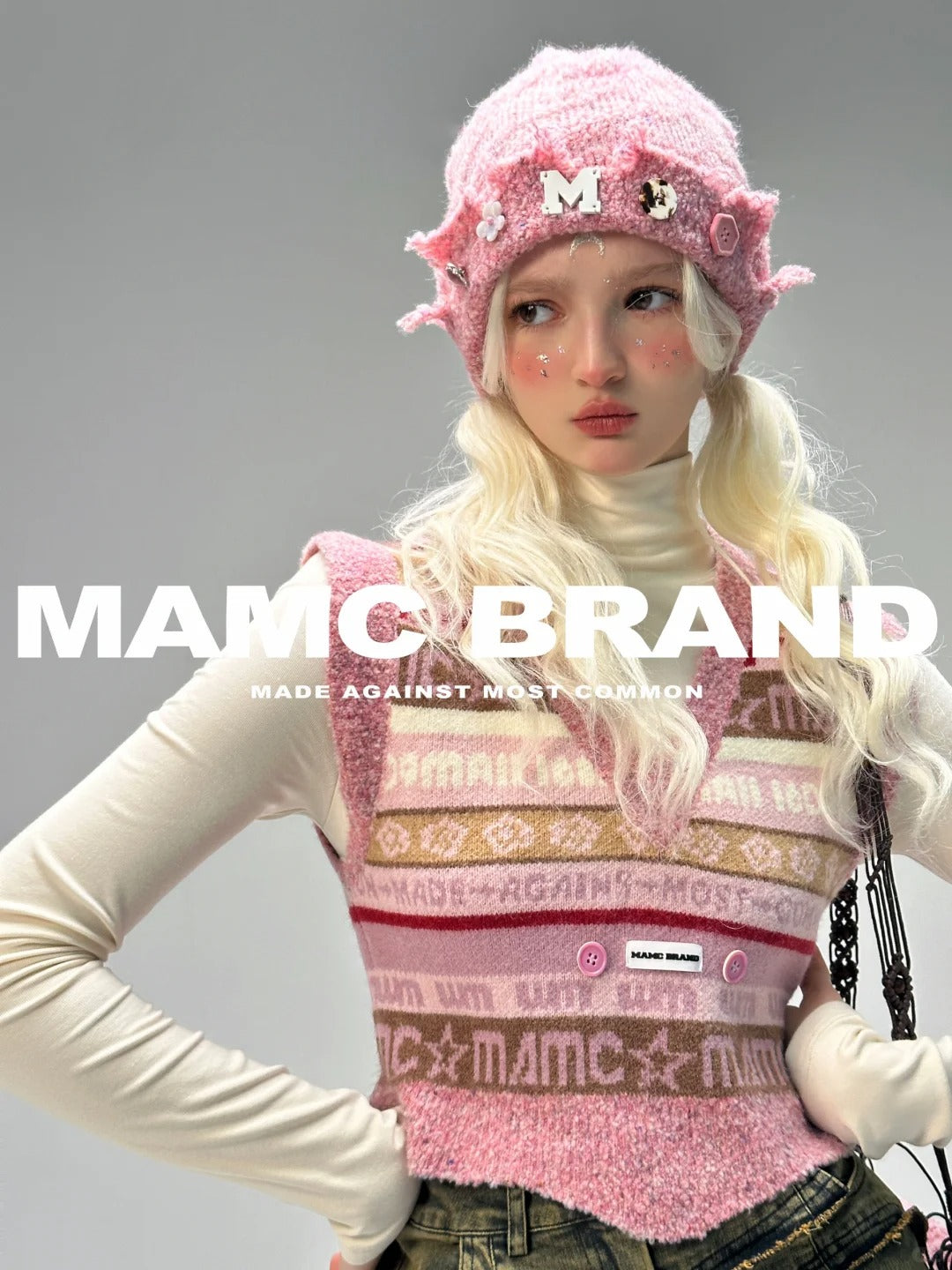 MAMC - Pink Logo Knit Beanie Hat WE212