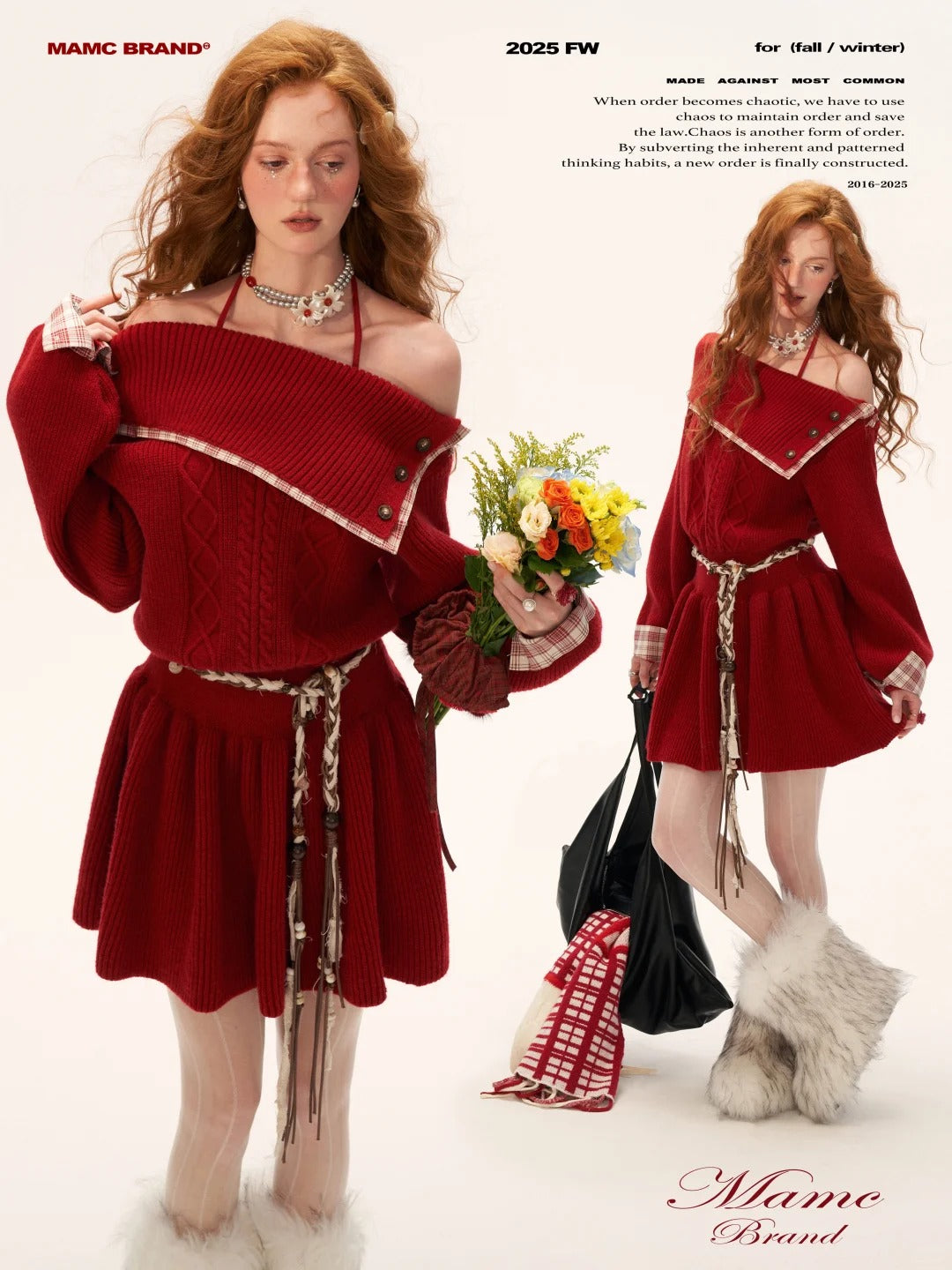 Red Plaid Off-Shoulder Knit Dress WE724