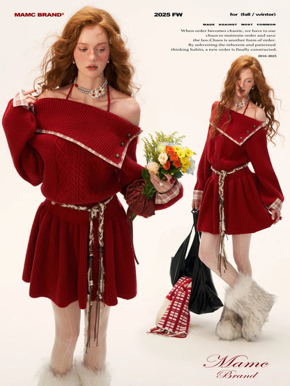 Red Plaid Off-Shoulder Knit Dress WE724