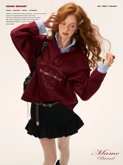 MAMC - Fake Two-Piece Buttoned Polo Sweatshirt WE823 - RED