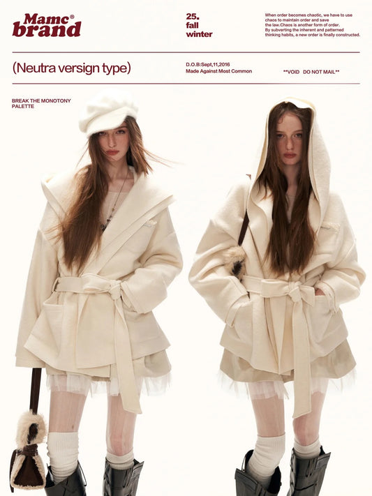MAMC - White Double-Hood Wool Blend Tie Coat WE896