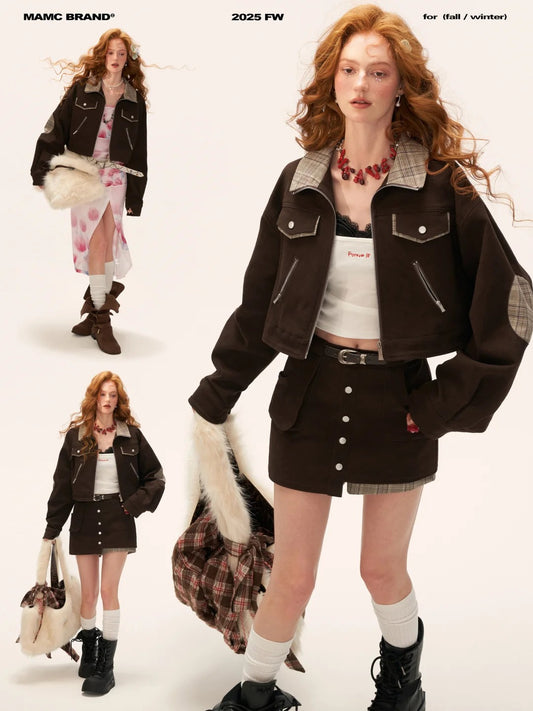 MAMC - Coffee Brown Plaid Patchwork Cropped Jacket & Skirt Set
