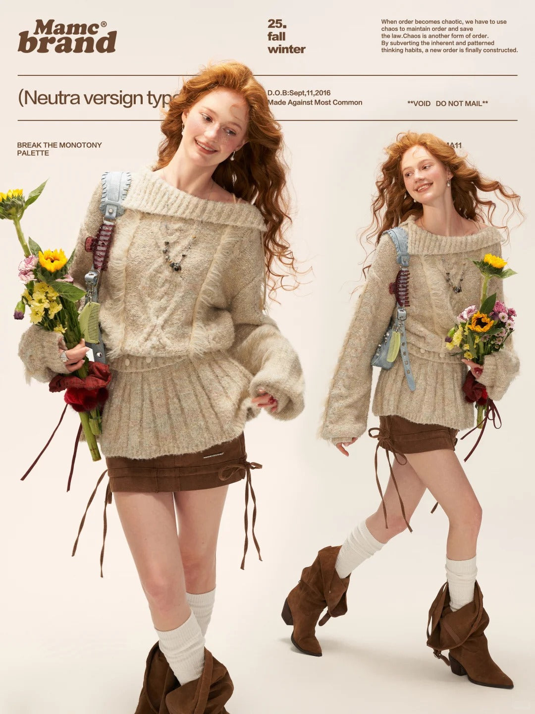 MAMC - Beige Cable Knit Tie-Waist Sweater WE835