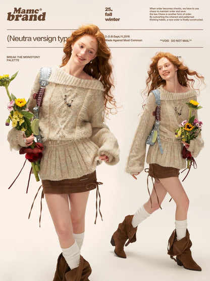 MAMC - Beige Cable Knit Tie-Waist Sweater WE835