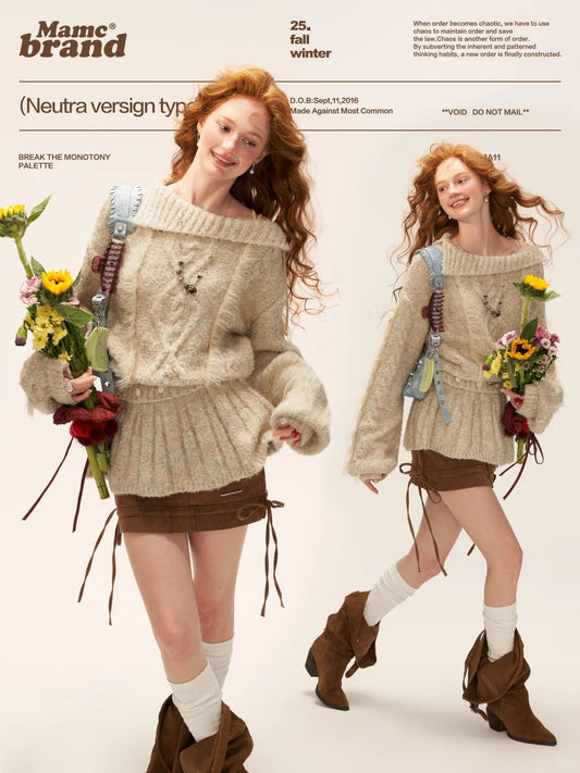 MAMC - Beige Cable Knit Tie-Waist Sweater WE835
