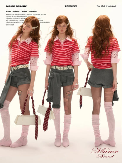 MAMC - Red Striped Layered-Look Polo Tee