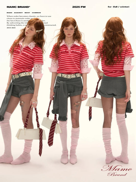 MAMC - Red Striped Layered-Look Polo Tee