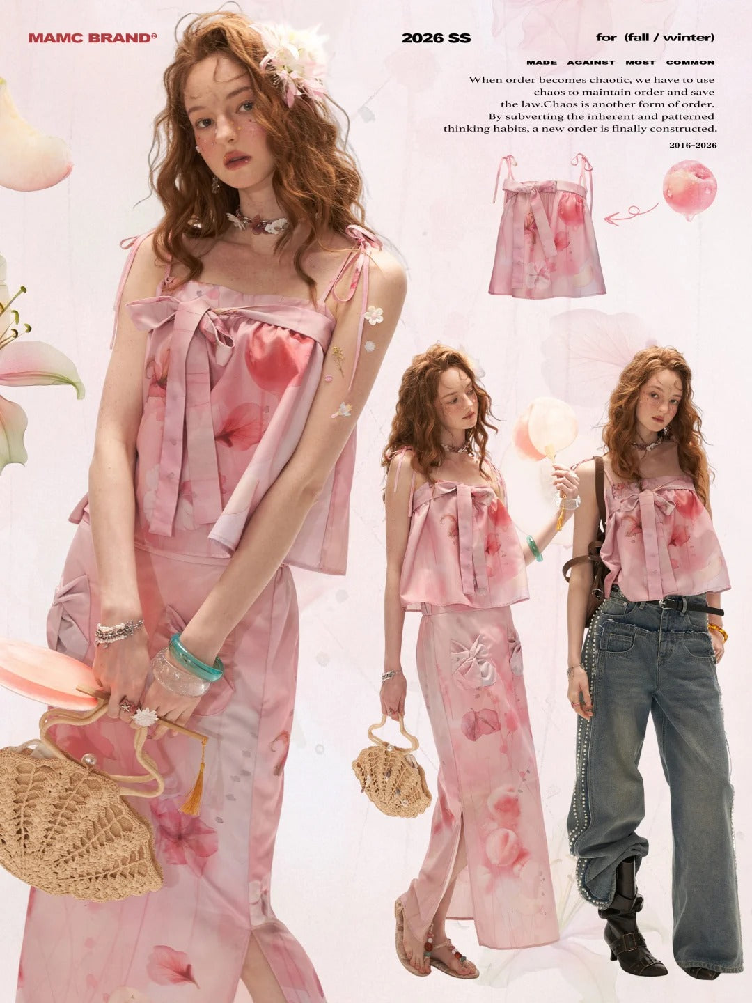 "Peach Bloom Mood" Bow Cami & Midi Skirt Set WE906