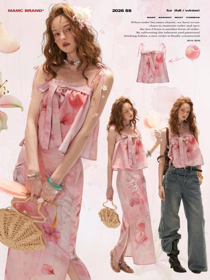 "Peach Bloom Mood" Bow Cami & Midi Skirt Set WE906