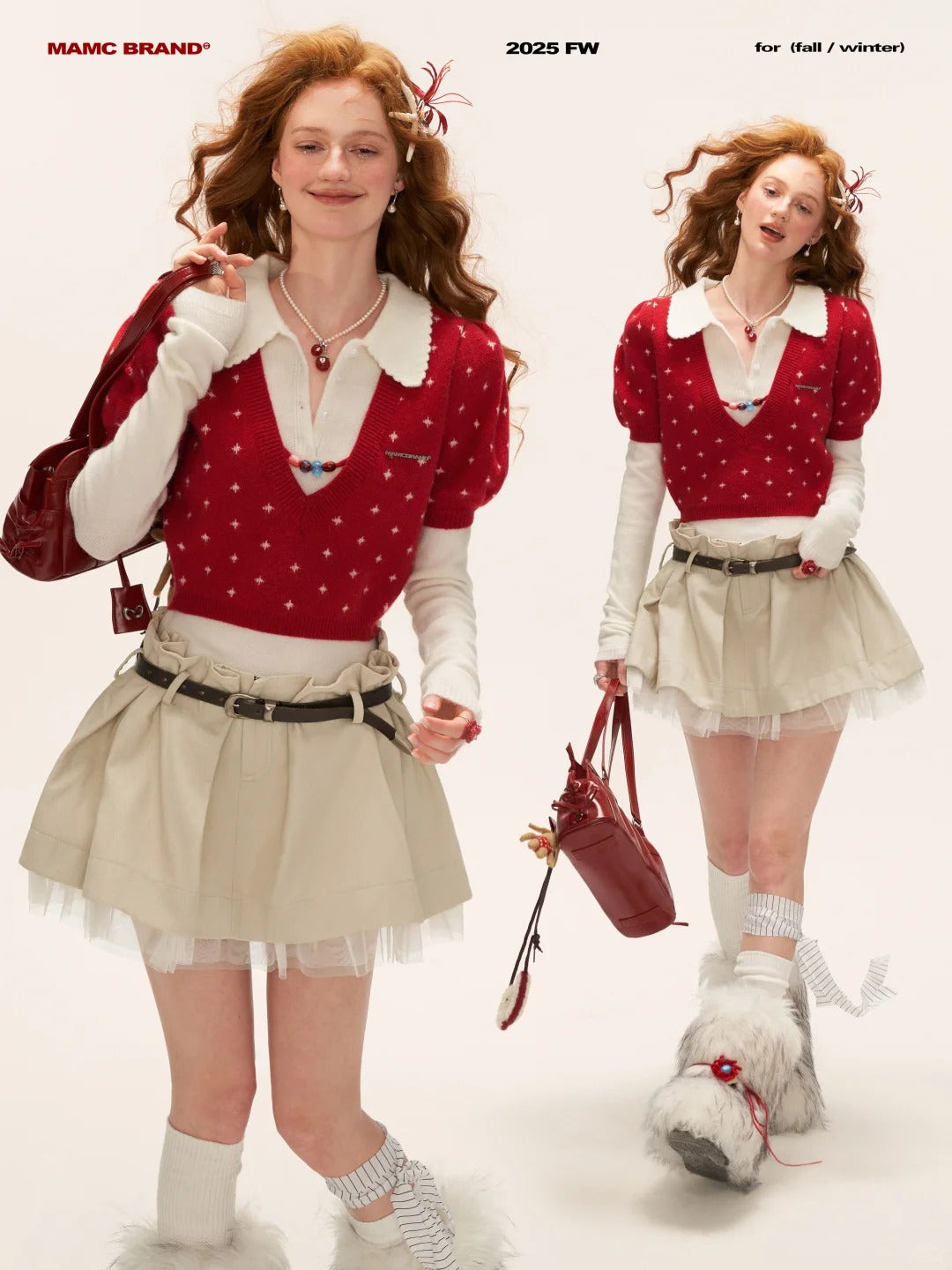MAMC - Vintage Crochet V-Neck Puff Sleeve Sweater WE837 - RED